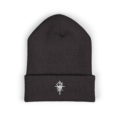 Dark grey Field Beanie, front view with white geometric emblem embroidered on the cuff.