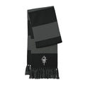 Black and Iron Grey striped Field Scarf with fringe and embroidered geometric emblem.