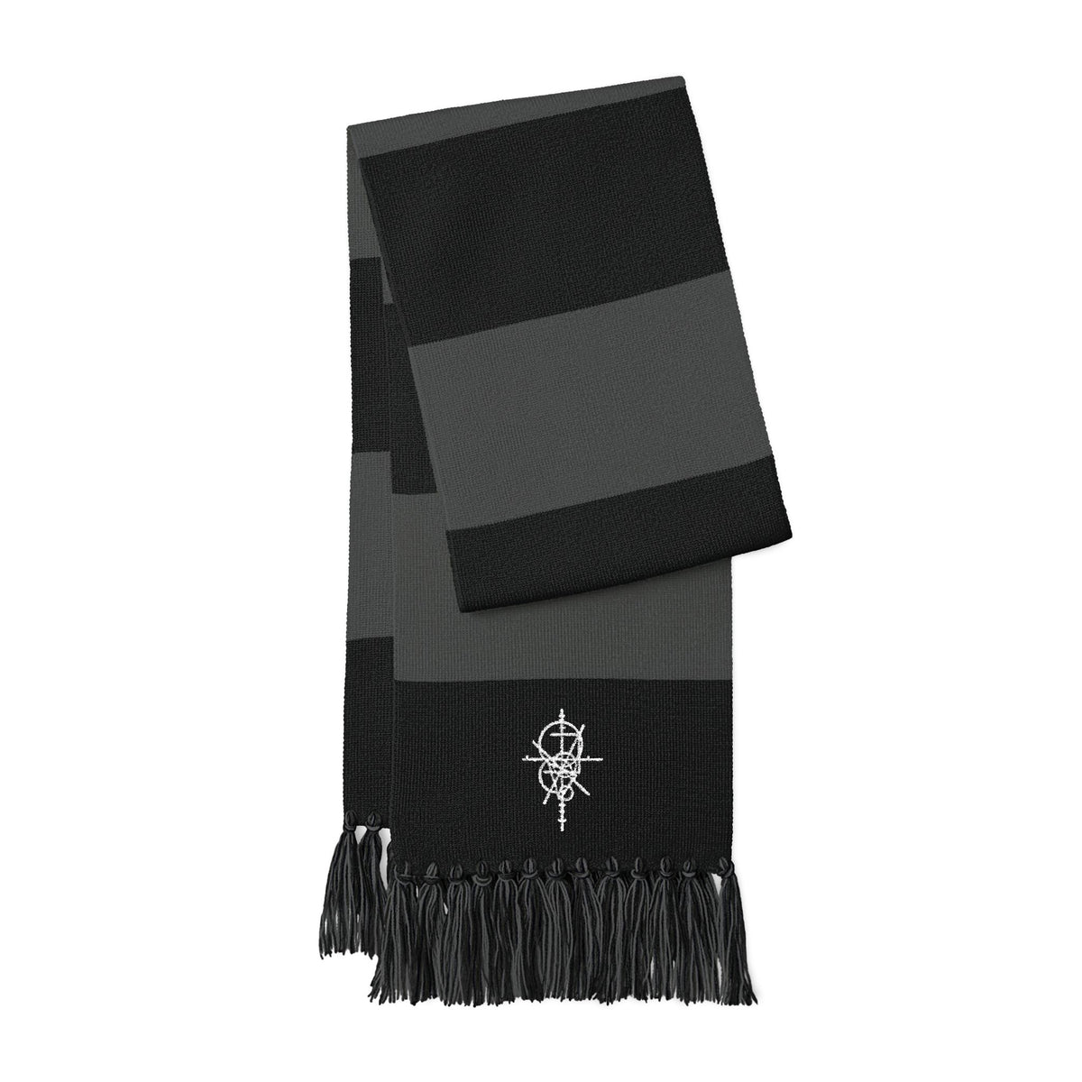 Black and Iron Grey striped Field Scarf with fringe and embroidered geometric emblem.