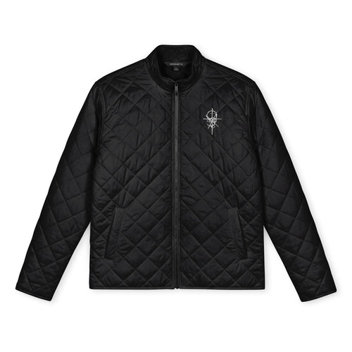 Deep Black Field Quilted Jacket, front view with diamond stitching and embroidered chest emblem.